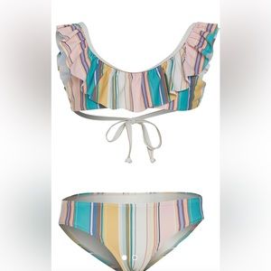 O’Neill Baja stripe ruffle tie back girls swimsuit.